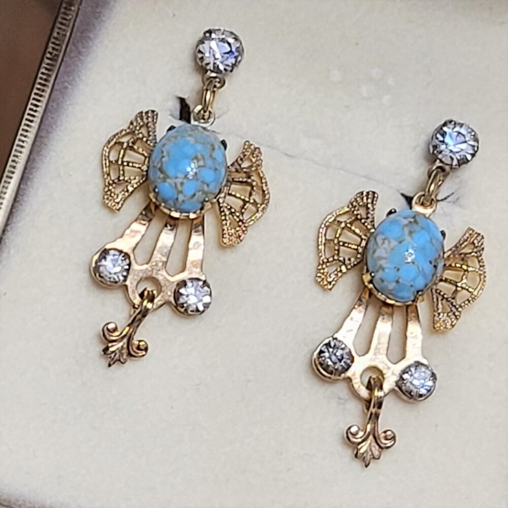 Art Deco Robin's Egg cabachon Scew Back Earrings Signed Arco 12k gold filledffff